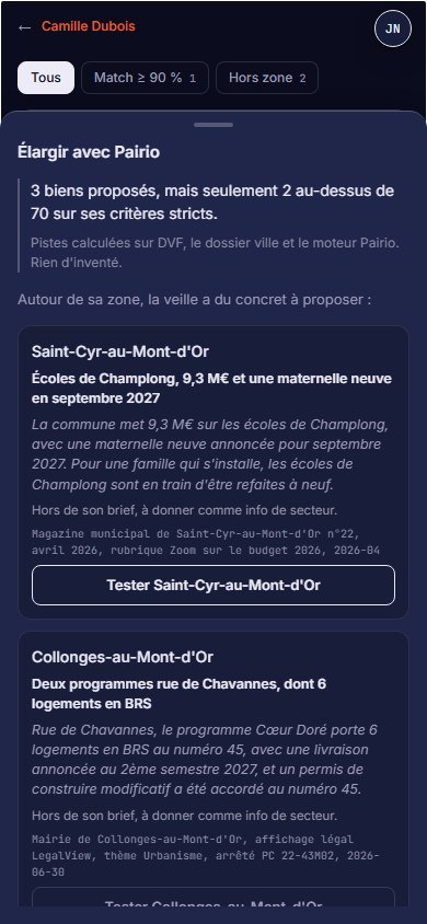 La feuille Élargir avec Pairio : la veille propose des communes à tester, faits sourcés à l’appui